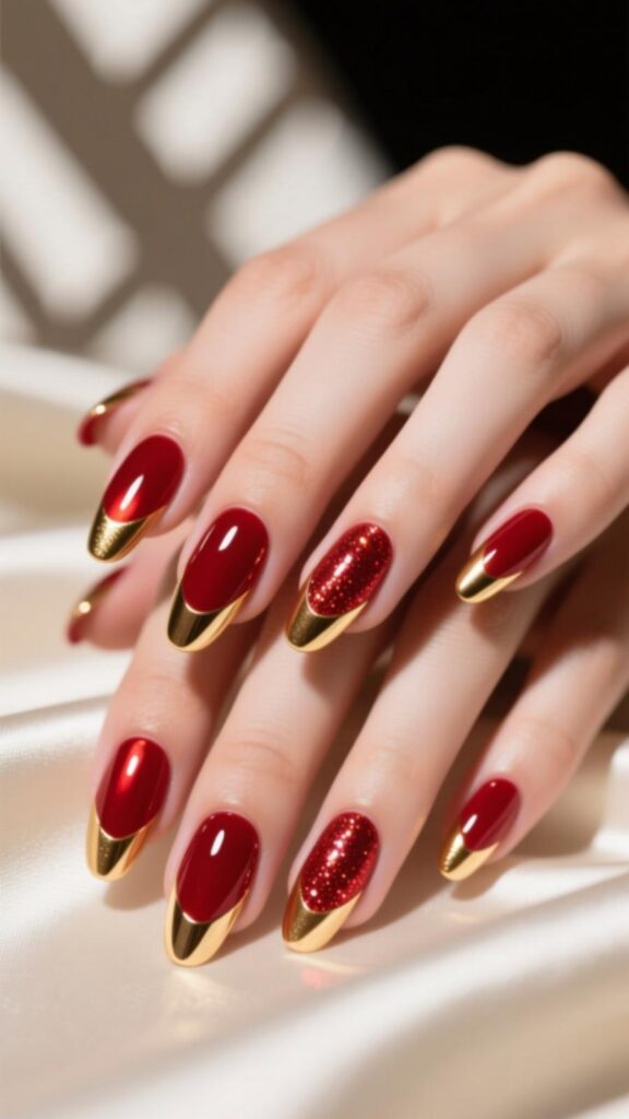 Red Aura Nails with Gold Tips