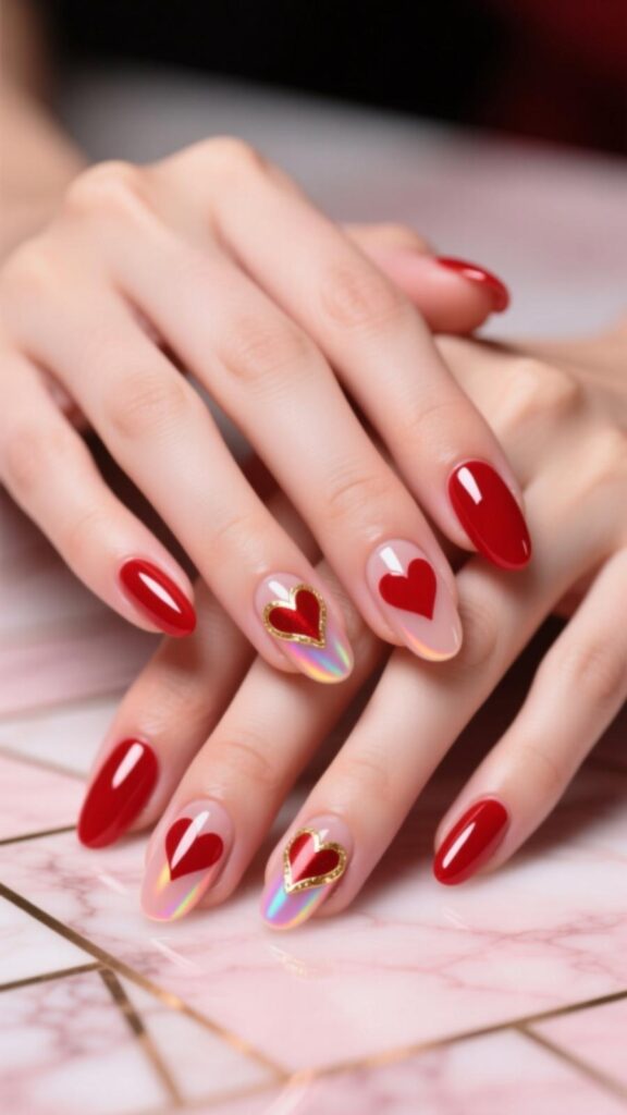 Red Aura Nails with Hearts