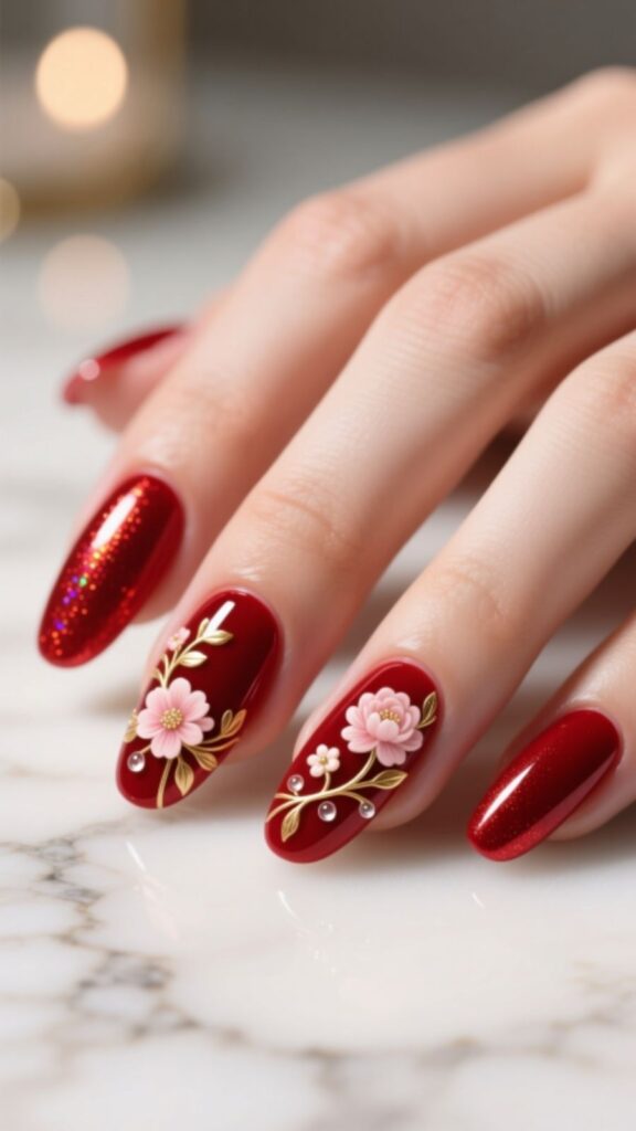 Red Aura Nails with Floral Touch