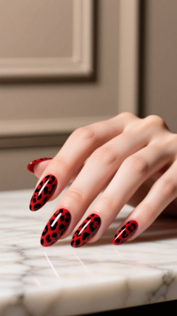 Red and Black Leopard Print Nails