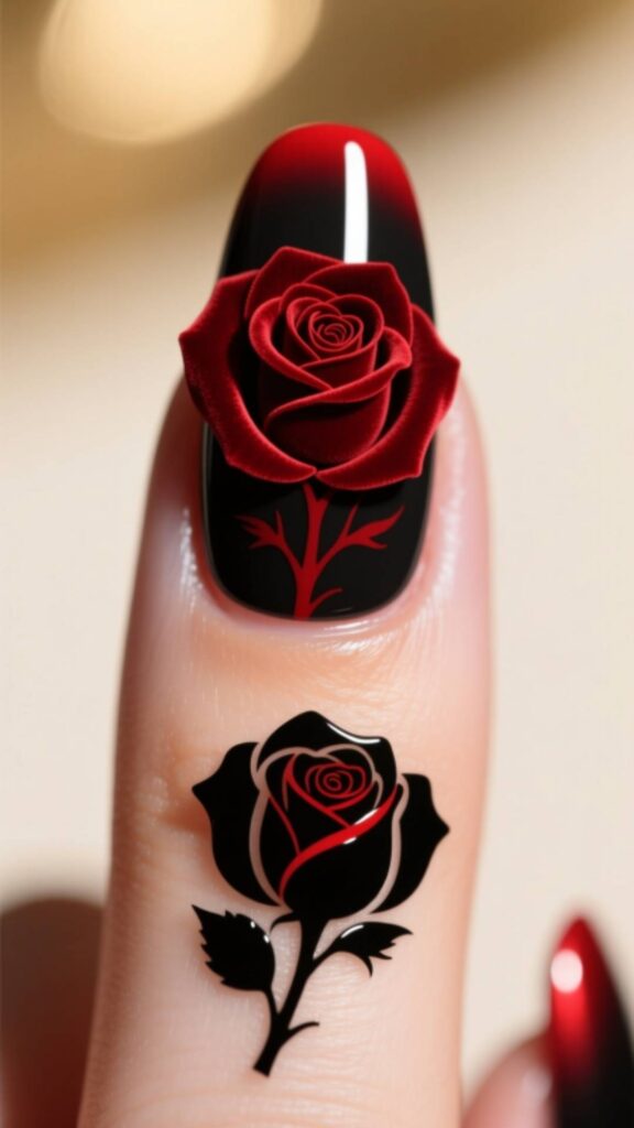 Red and Black Rose Nails