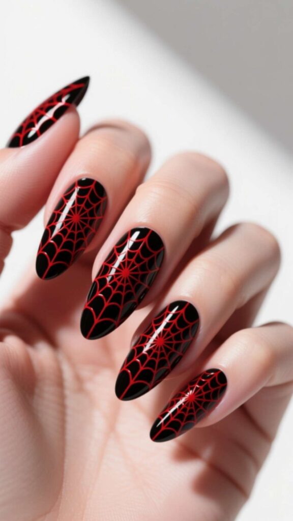 Red and Black Spider Web Nails