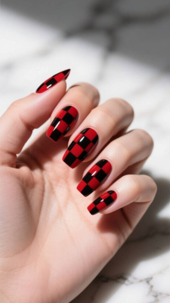 Red and Black Checkerboard Nails
