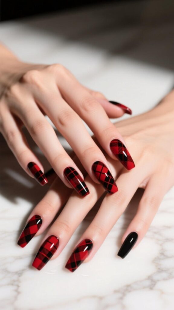 Red and Black Plaid Nails