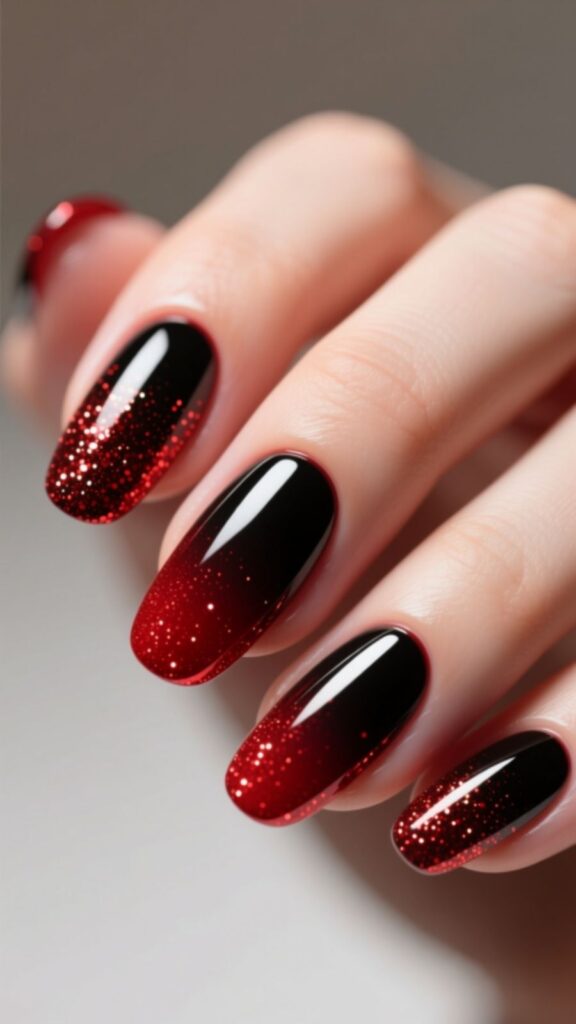 Red and Black Gradient Glitter Nails