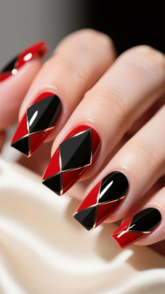 Red and Black Geometric Nails