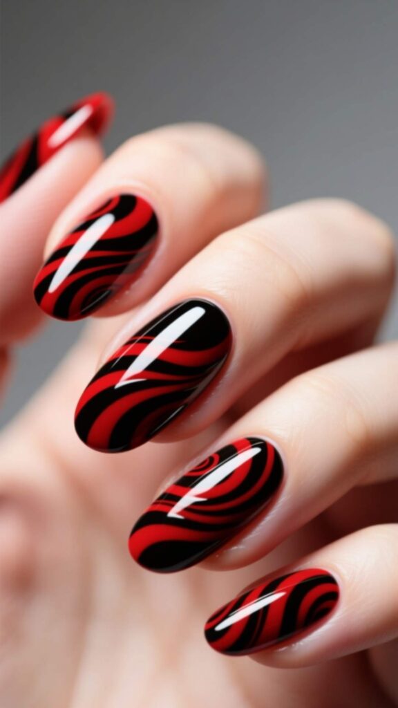 Red and Black Swirl Nails