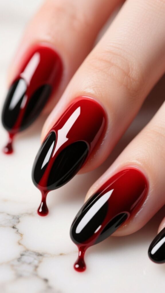 Red and Black Drip Nails
