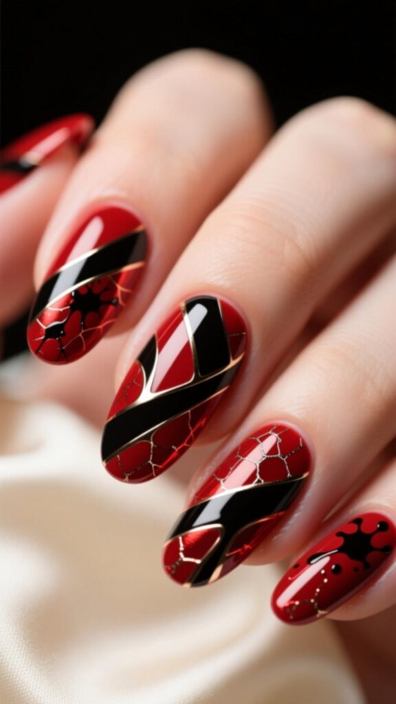 Red and Black Abstract Art Nails