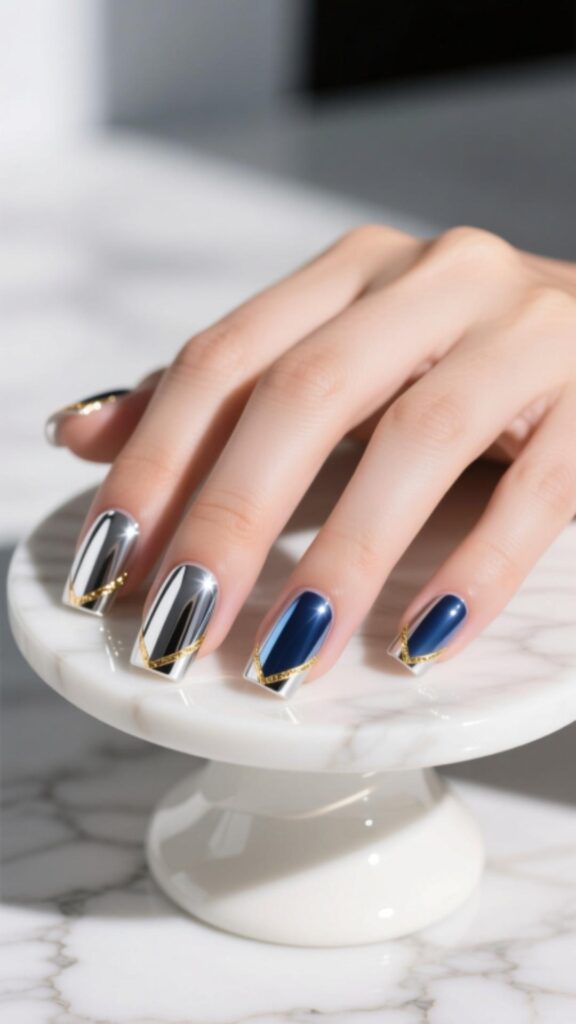 Square Acrylic Nails with Chrome Finish