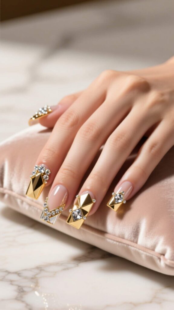 Square Acrylic Nails with Rhinestones