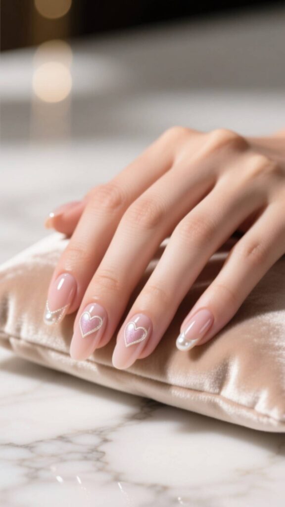 Nude Nails with Heart Designs