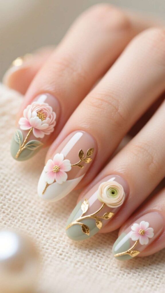 Nude Nails with Floral Art