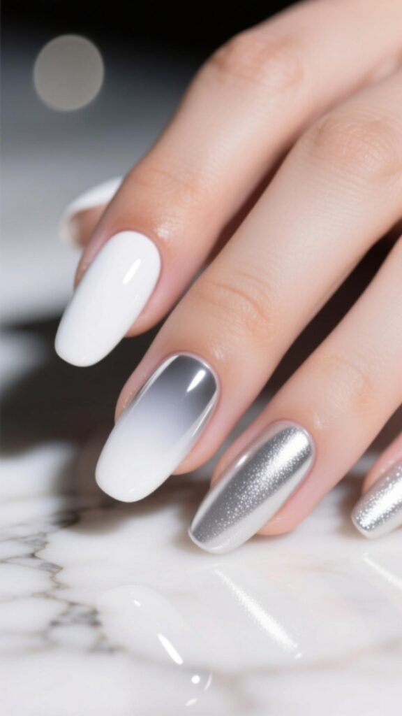 White and Silver Ombre Nails