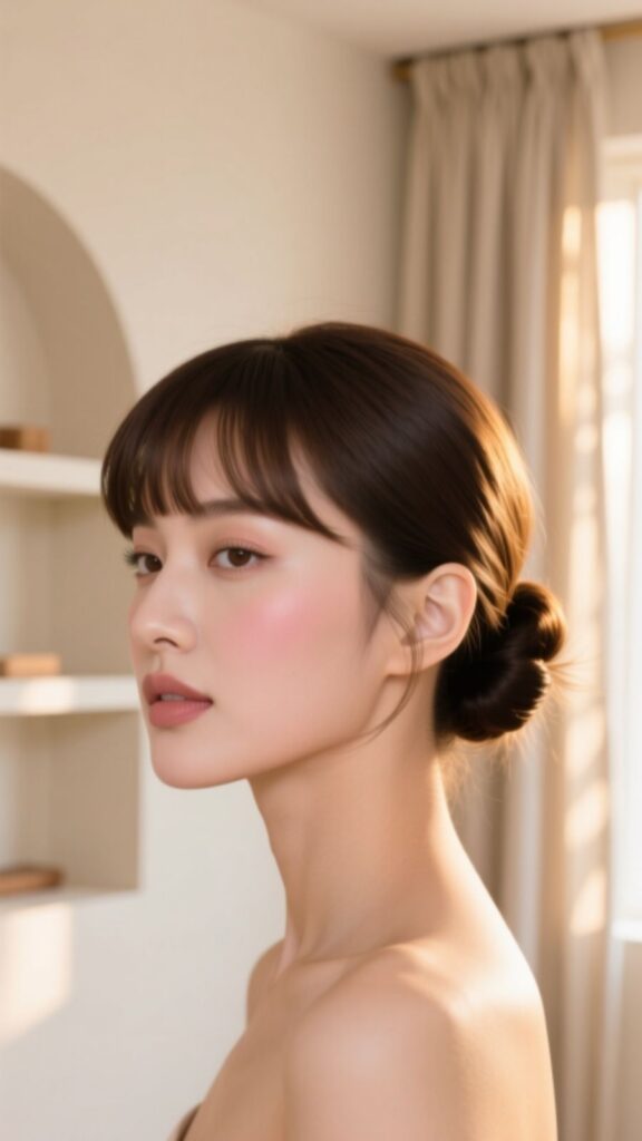 Classic Low Bun with Curtain Bangs