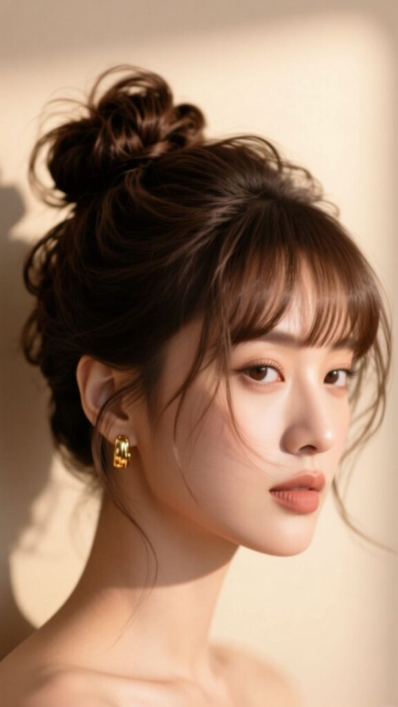Textured Messy Bun with Curtain Fringe