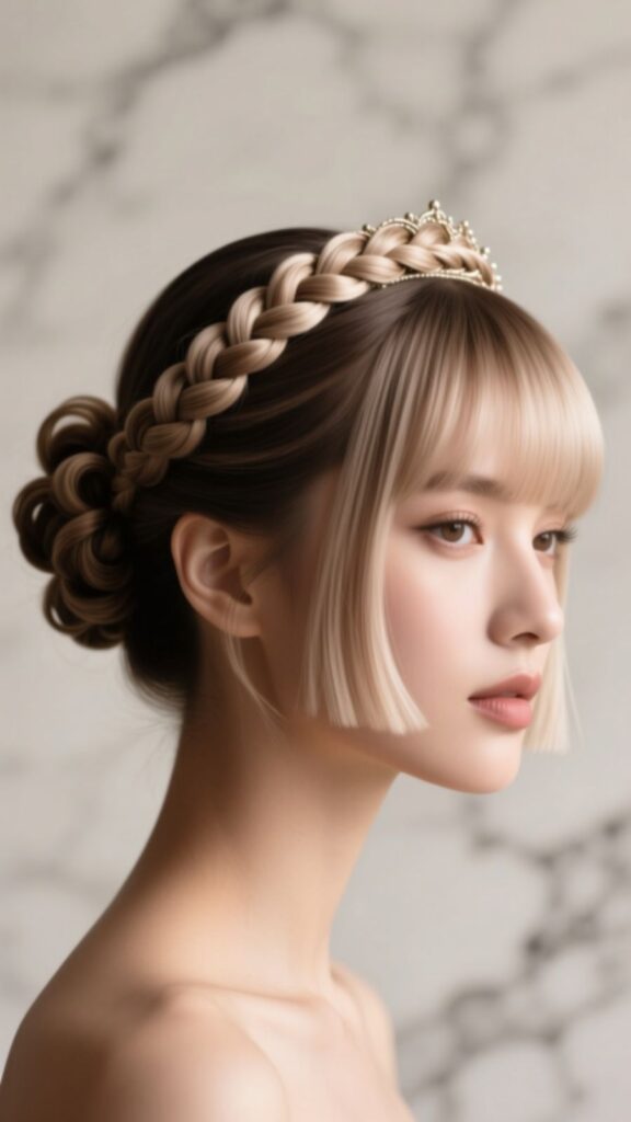 Halo Braid Bun with Curtain Fringe