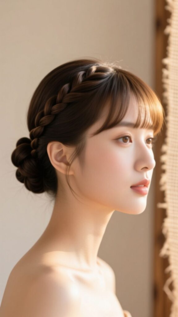 Low Rolled Bun with Baby Bangs