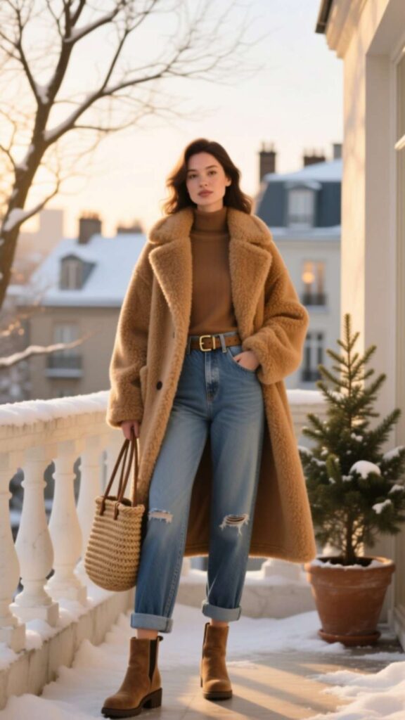 Teddy Coat and Mom Jeans