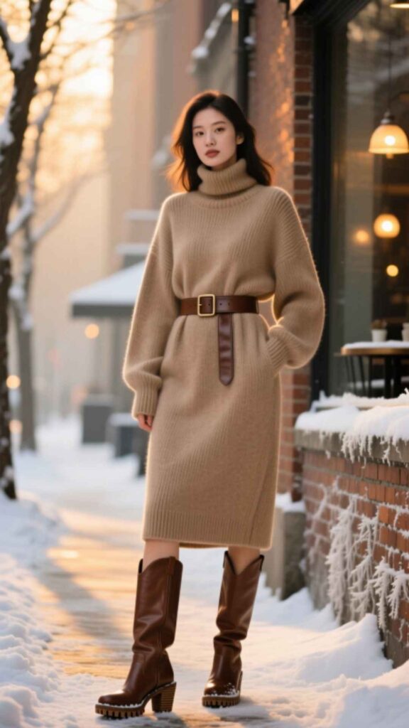 Sweater Dress with Belt and Boots