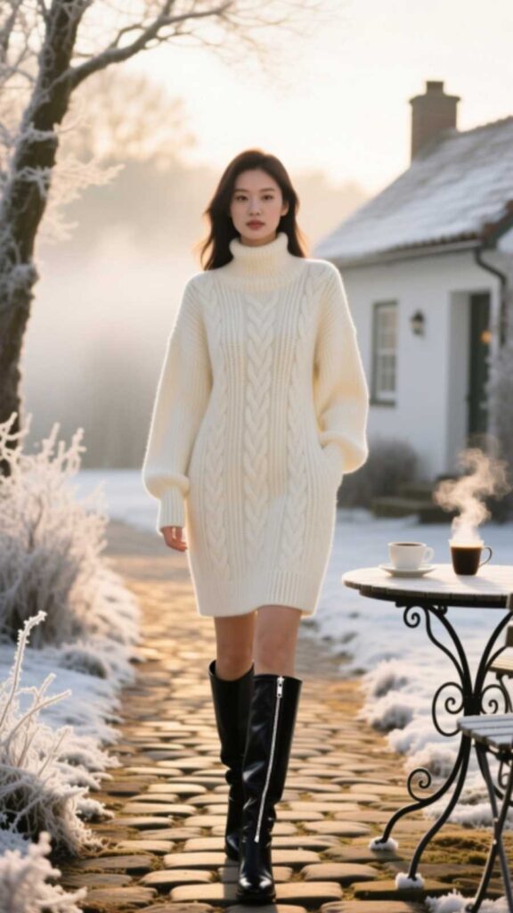 Cozy Knit Dress with Knee-High Boots