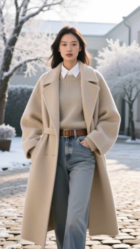 Oversized Coat with Belted Jeans