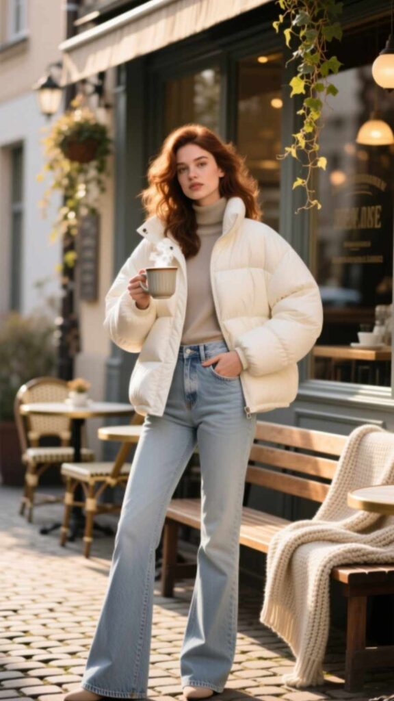Puffer Jacket with High-Waisted Jeans