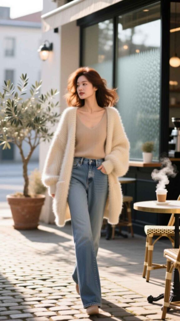 Fluffy Cardigan with Straight Jeans
