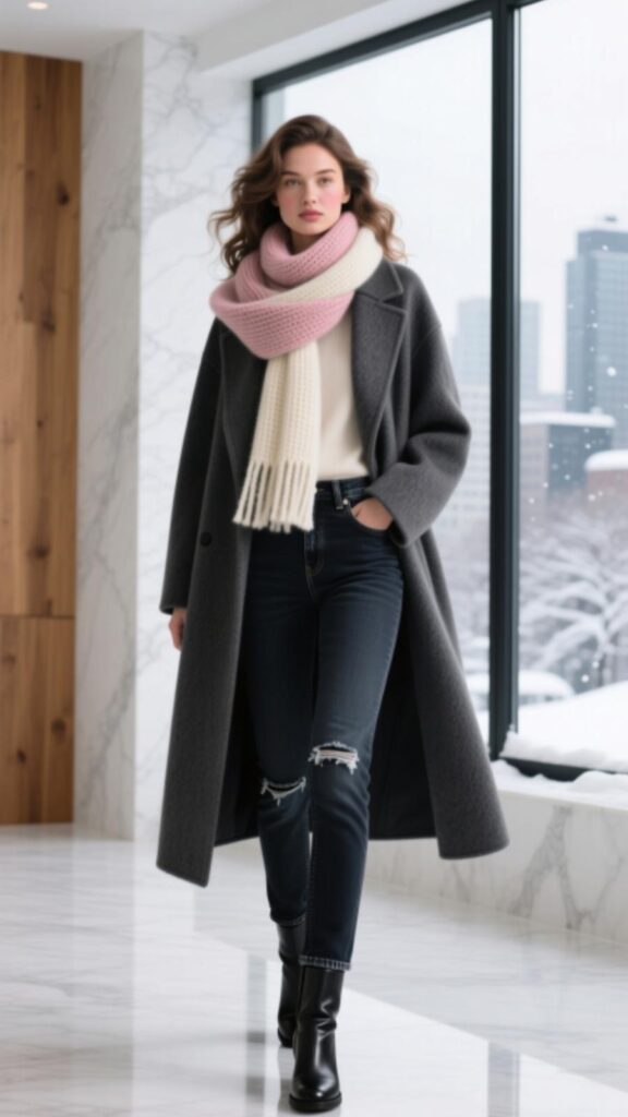 Longline Coat with a Scarf and Jeans