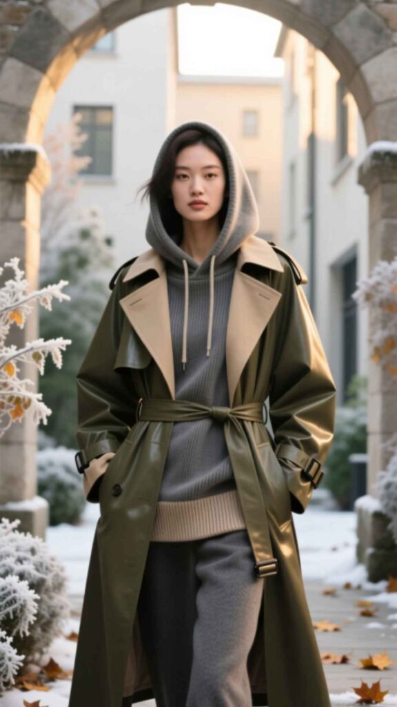 Layered Hoodie with Trench Coat