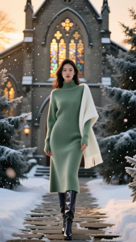 Wool Midi Dress with Knee-High Boots