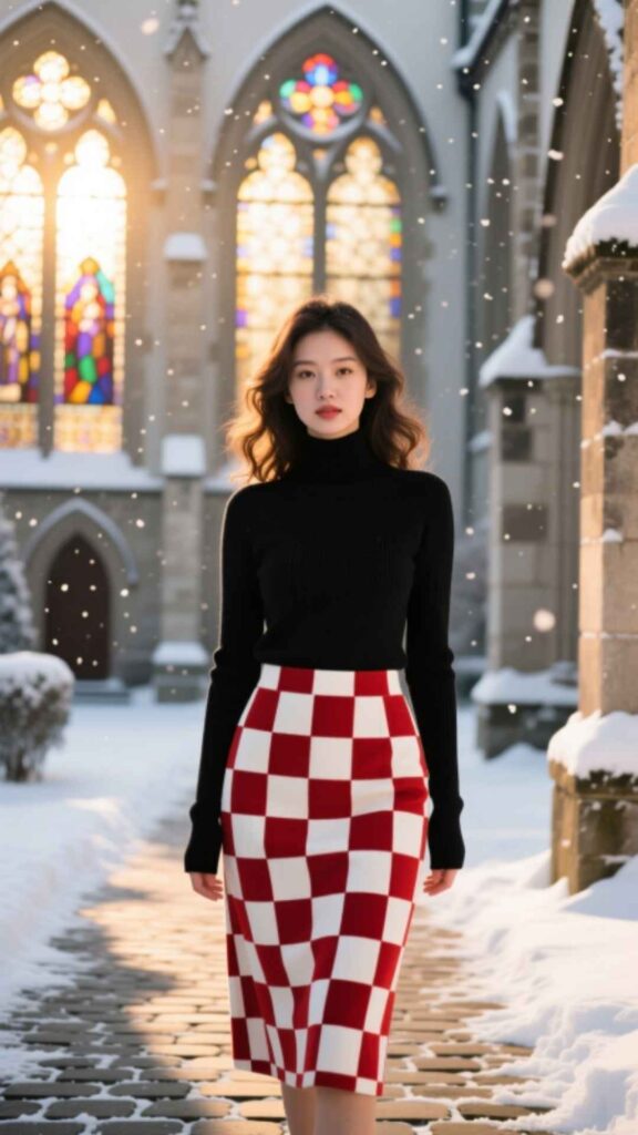 Turtleneck and Checkered Skirt