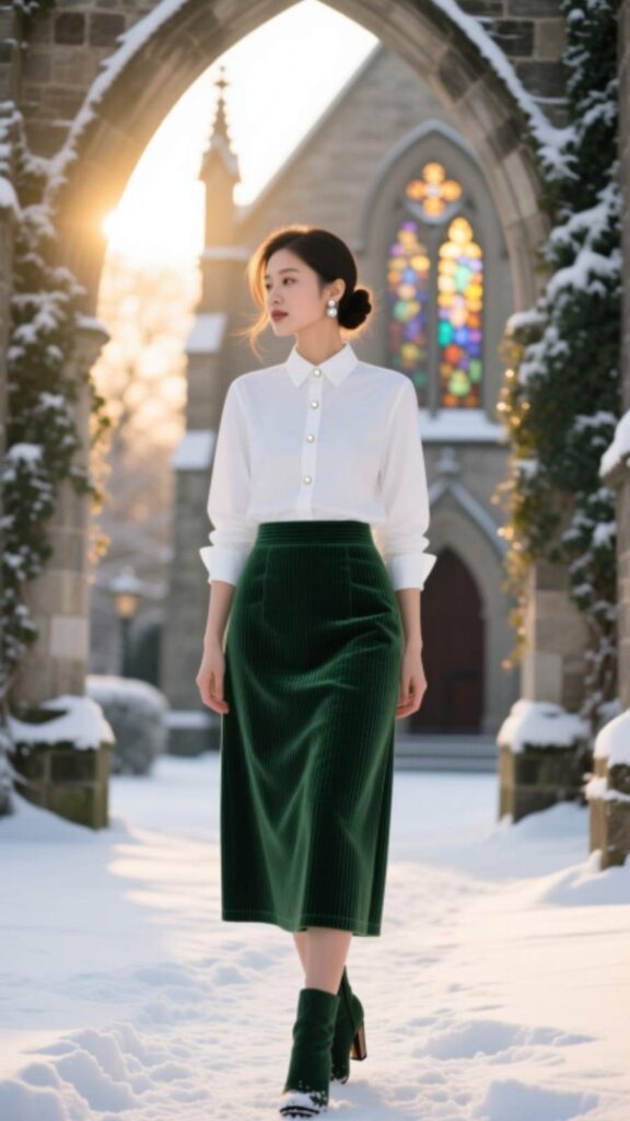 Corduroy Skirt with Button-Up Shirt