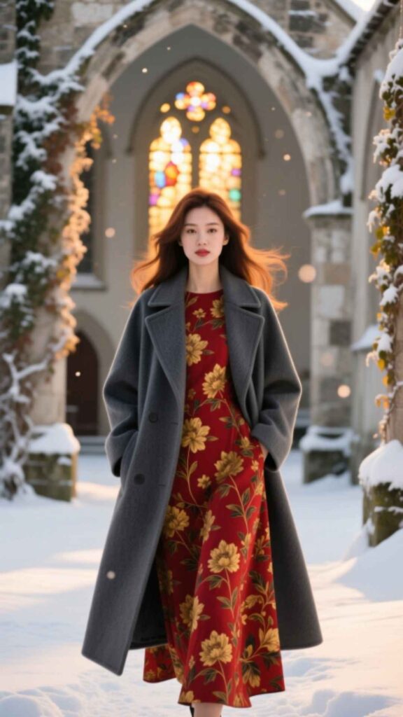  Wool Coat over Printed Dress