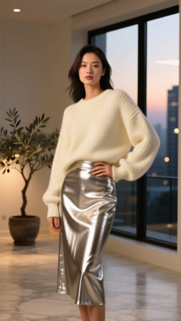 Metallic Skirt with Cozy Knit