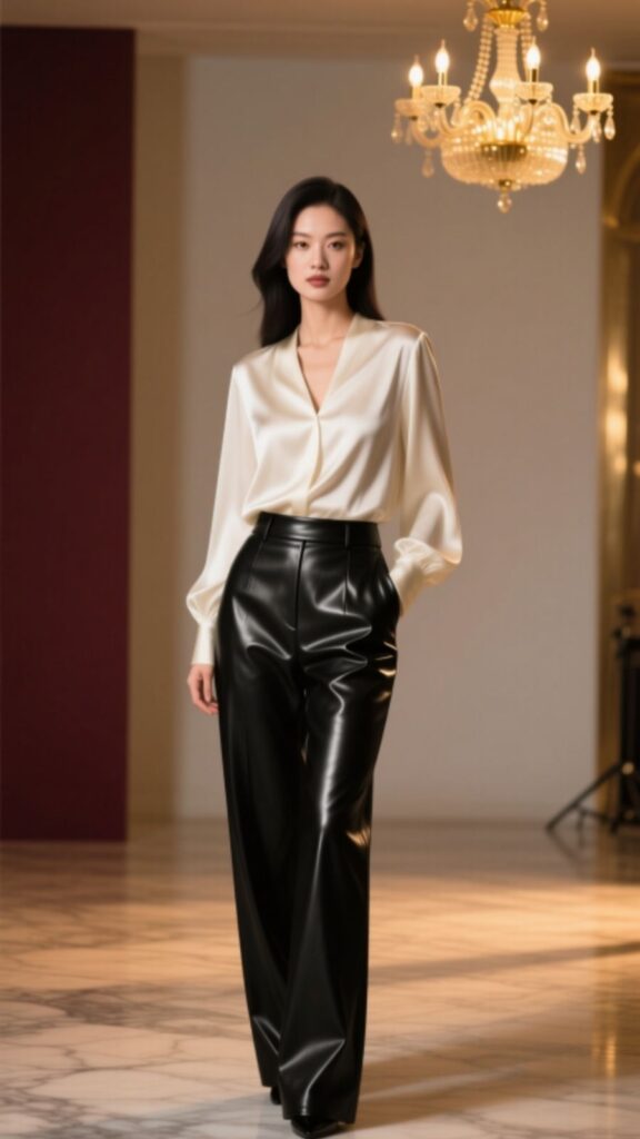 Leather Pants with Silk Blouse