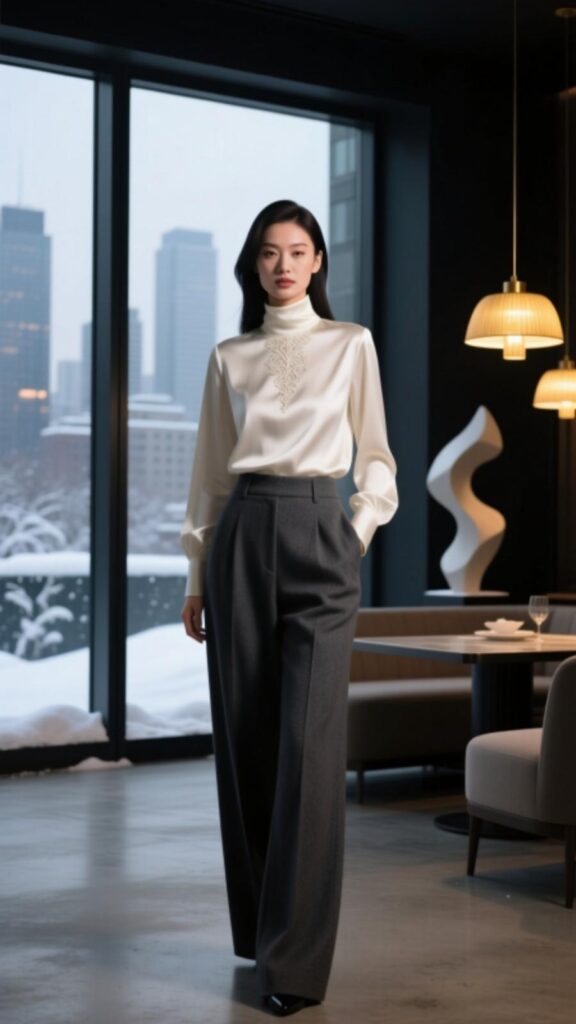 High-Neck Blouse with Tailored Pants