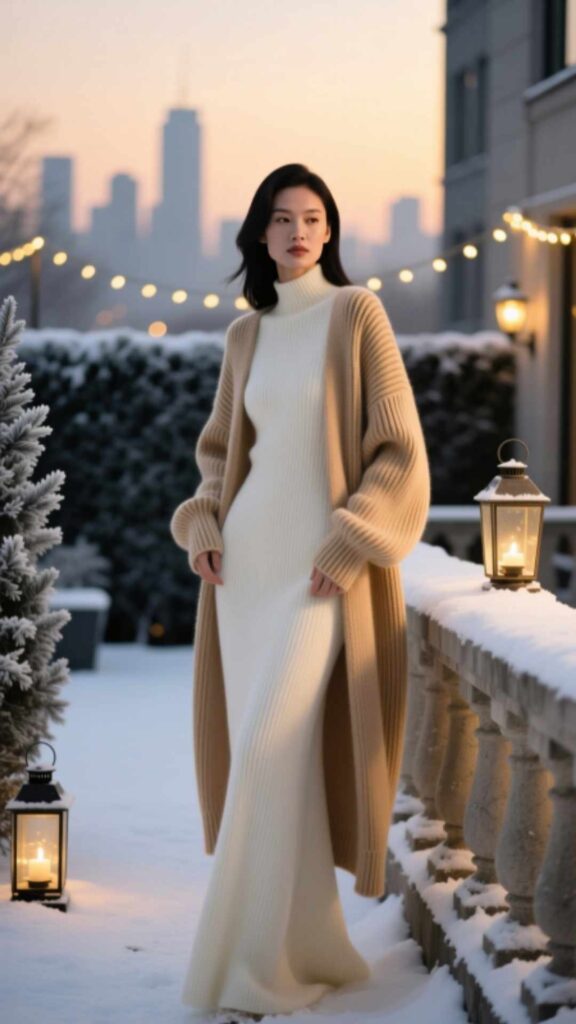 Maxi Dress with Chunky Knit Cardigan