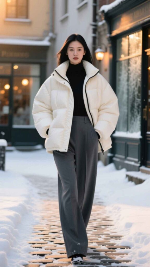 Puffer Jacket with Wide-Leg Pants