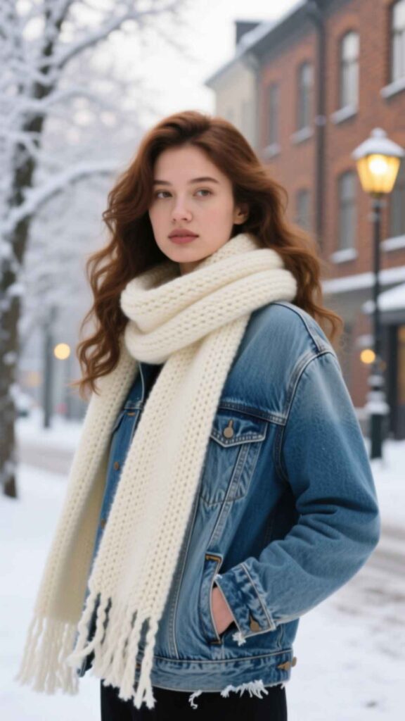 Chunky Knit Scarf with Denim Jacket