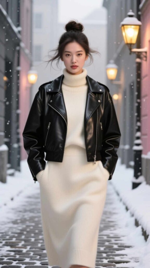 Leather Jacket with Sweater Dress