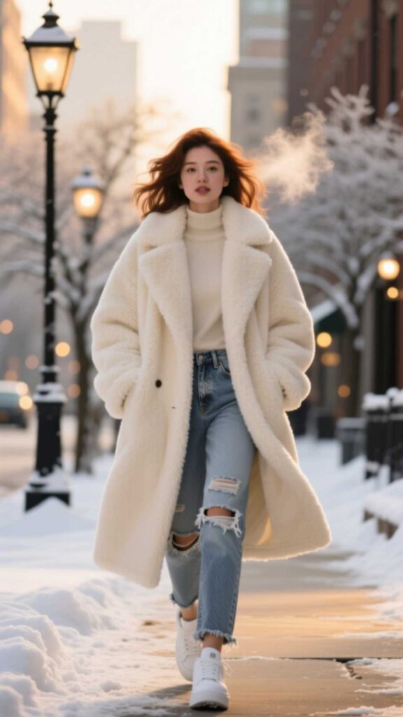 Teddy Coat with Casual Denim