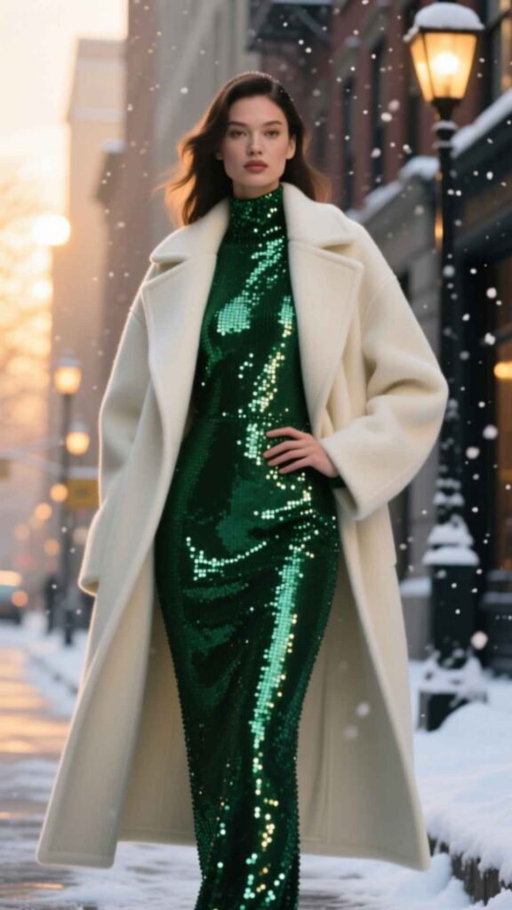 Sequin Dress with Wool Coat