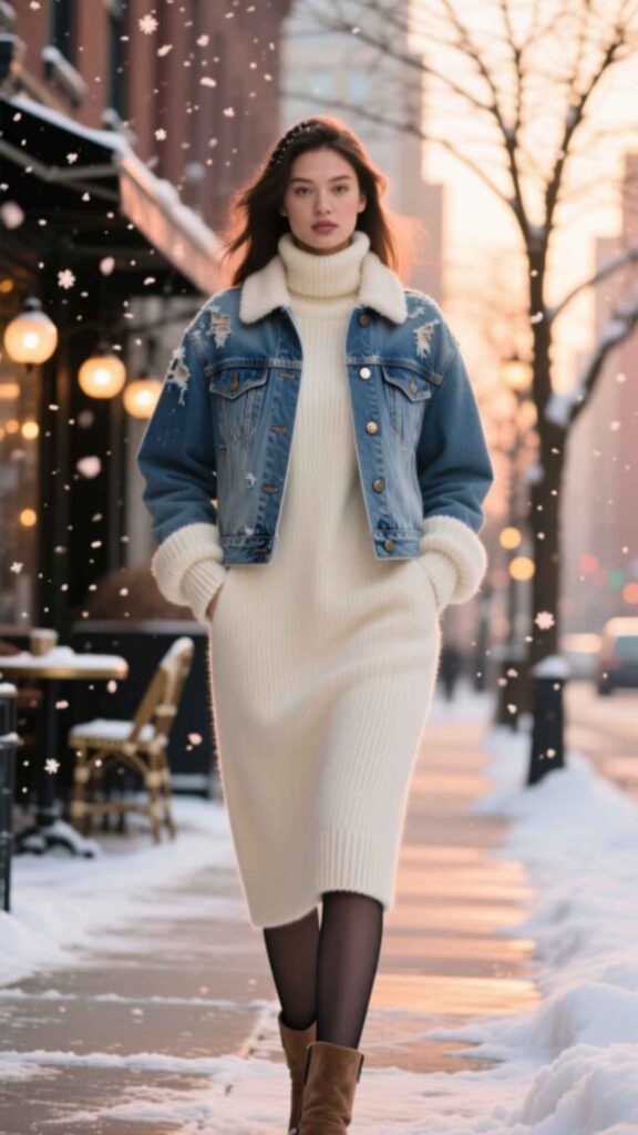 Denim Jacket with Sweater Dress