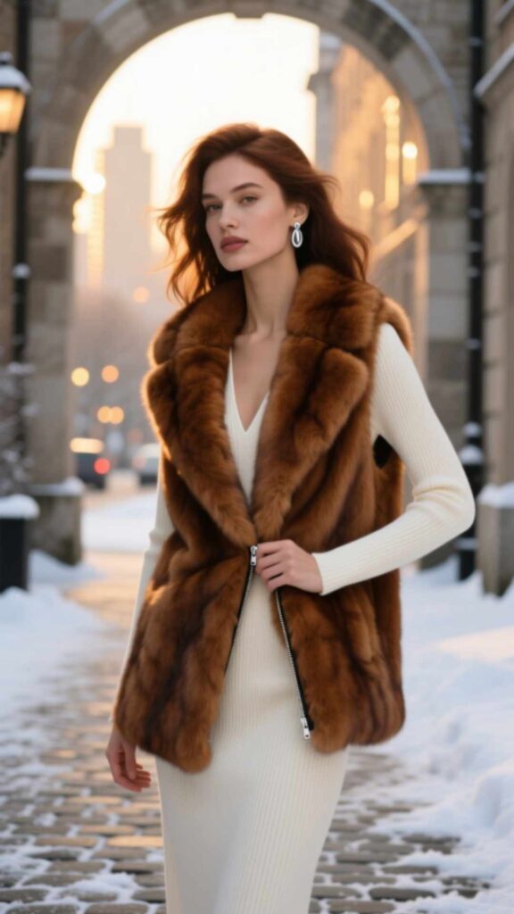 Faux Fur Vest with Long-Sleeve Dress