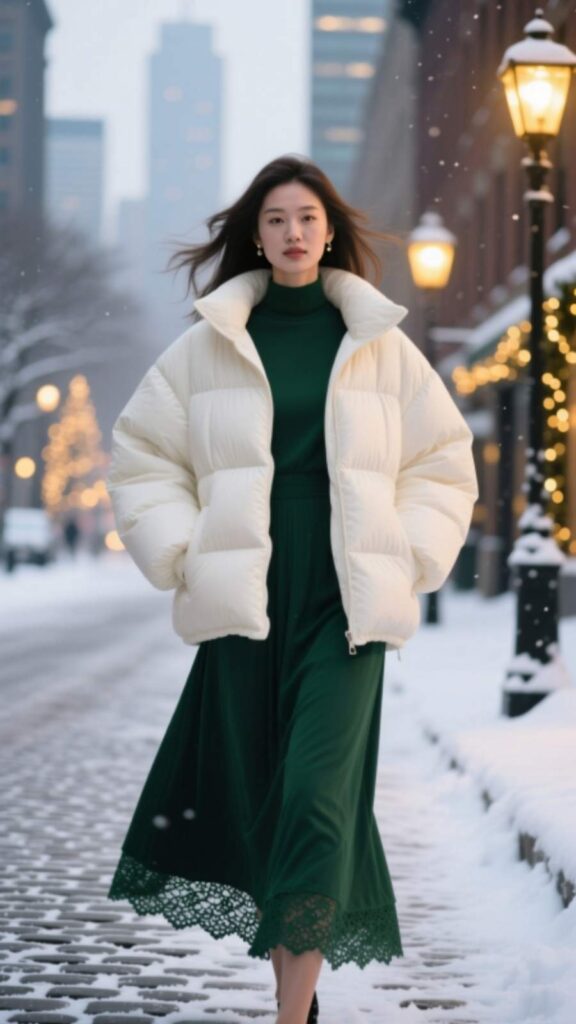 Puffer Jacket with Midi Dress