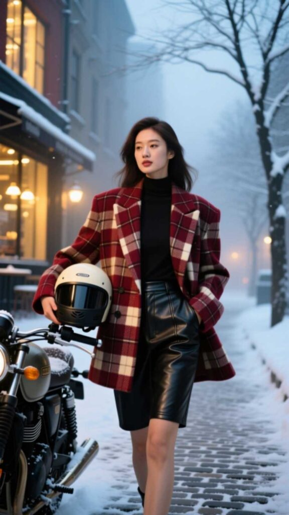 Plaid Blazer with Leather Shorts