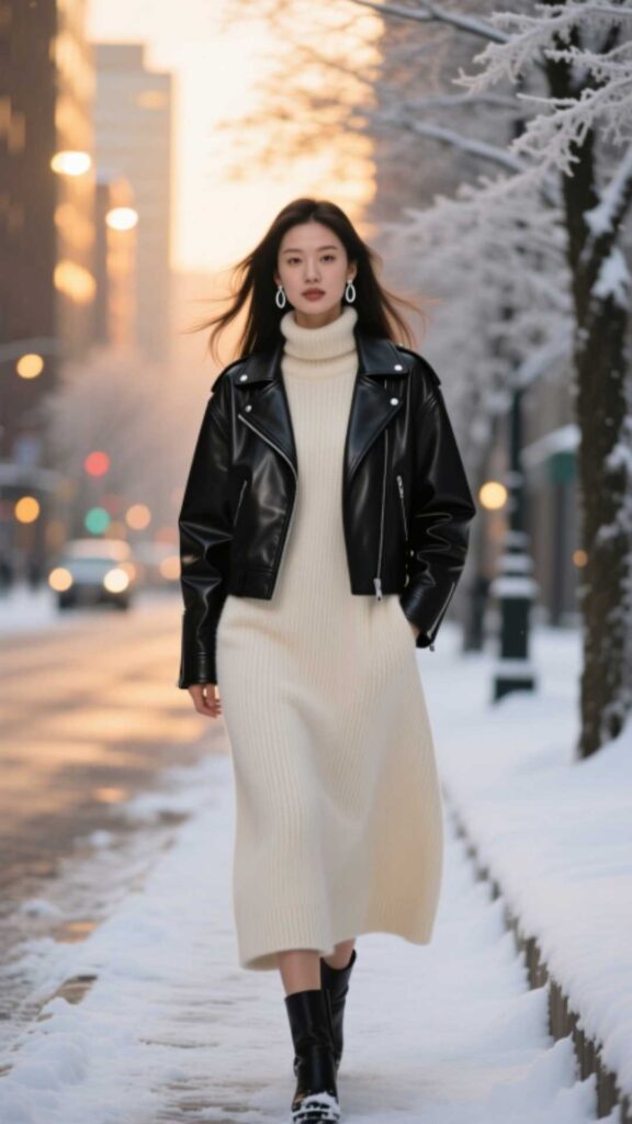 Leather Jacket with Knit Dress