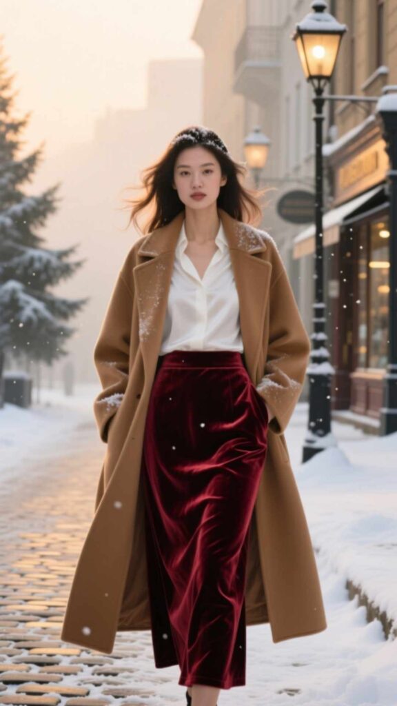 Velvet Skirt with Blouse and Coat