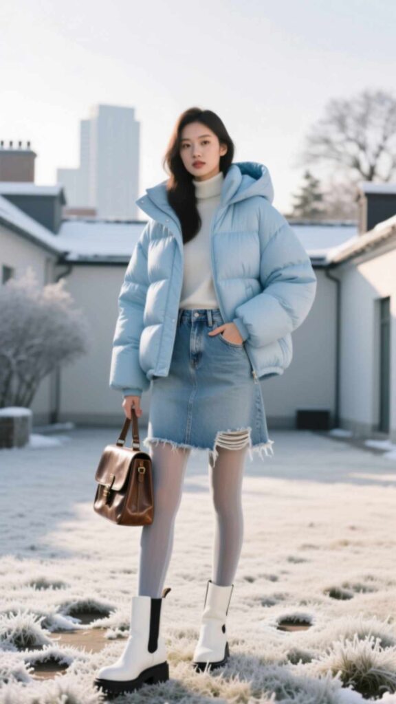 Denim Skirt with Puffer Jacket